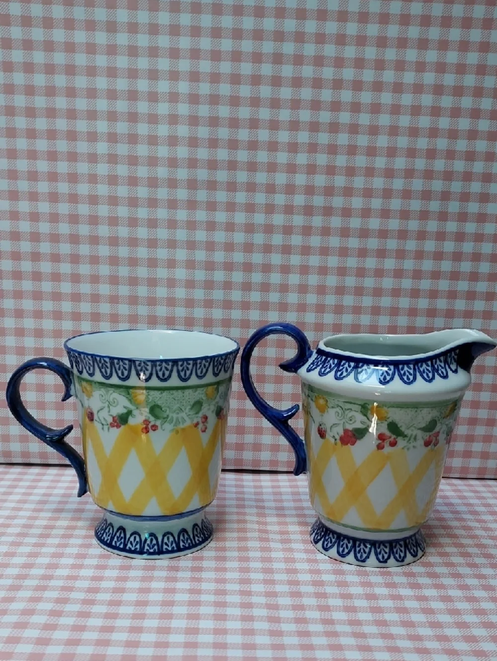 Blue Yellow Strawberry Hand Painted Ceramic Set Pitcher Sugar Bowl Creamer Mug - Picture 5 of 10